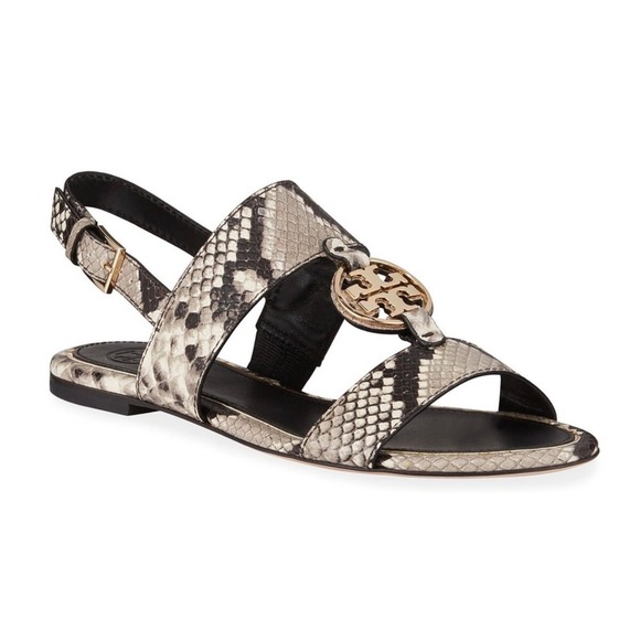 Tory Burch Miller Snake Print Leather Sandals Gold Logo Slingback Flats size 6m - Picture 1 of 10